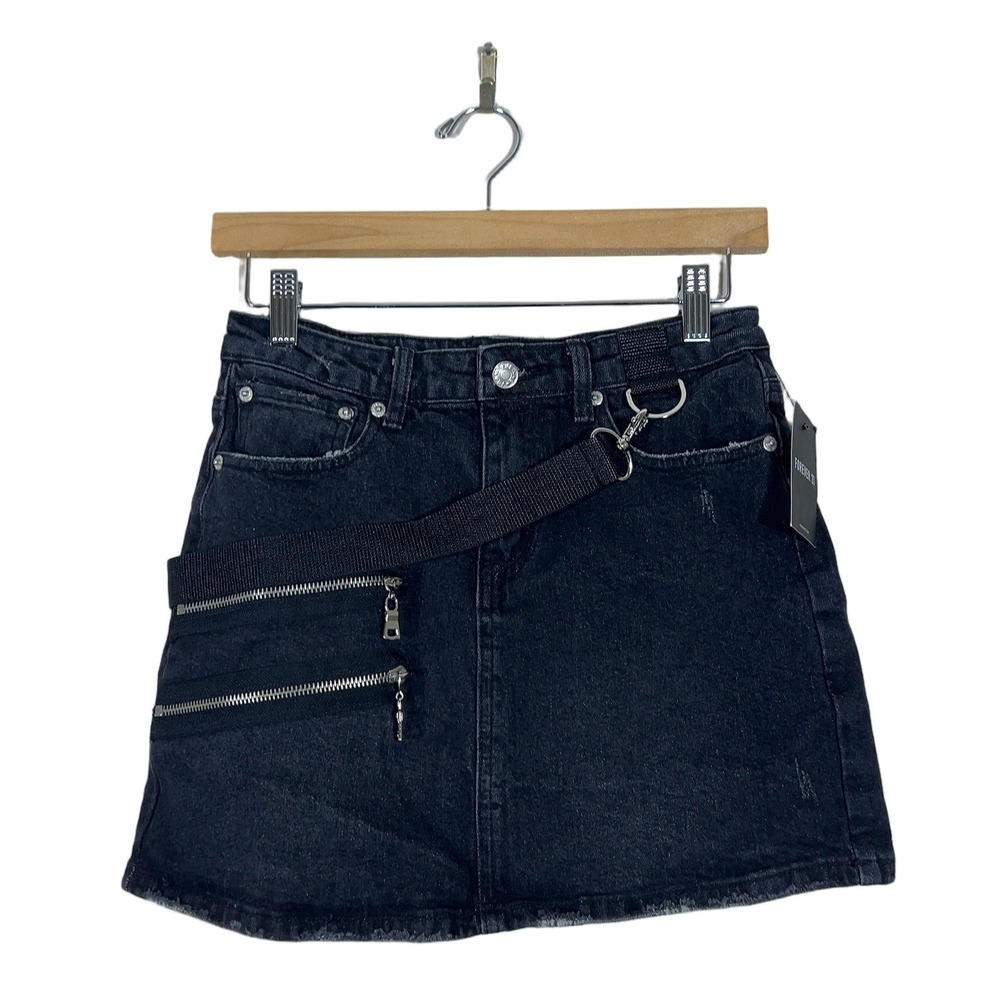 NWT Forever 21 Utility Distressed Denim Mini Skirt Black Grunge Zipper Size S